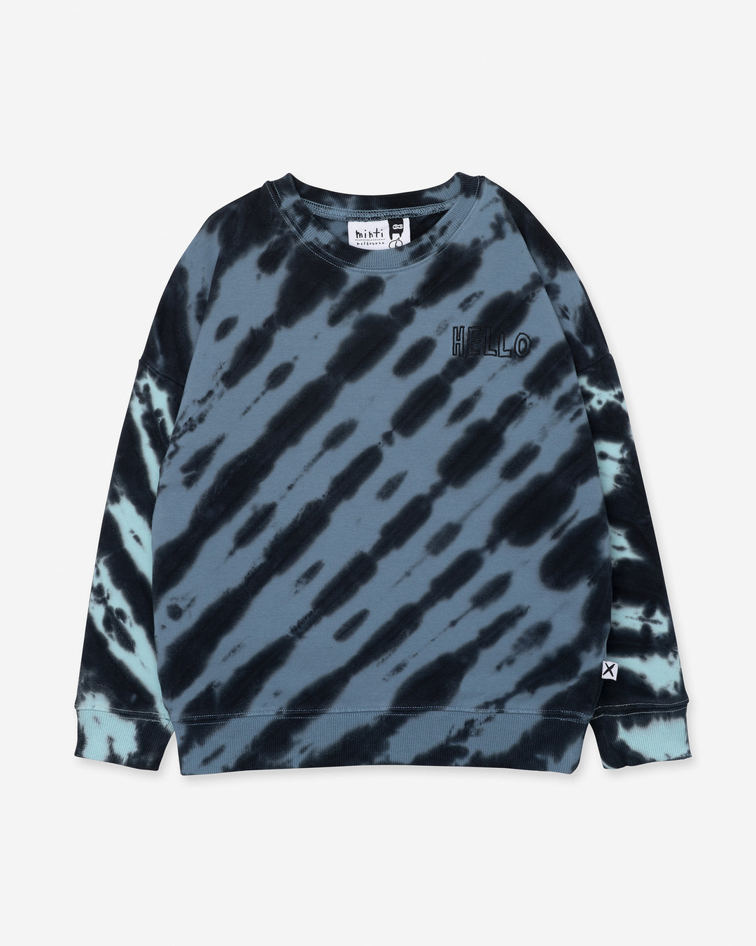 Duo Tie Dye Crew in blue and aqua, boys sweatshirt by Minti, flat lay