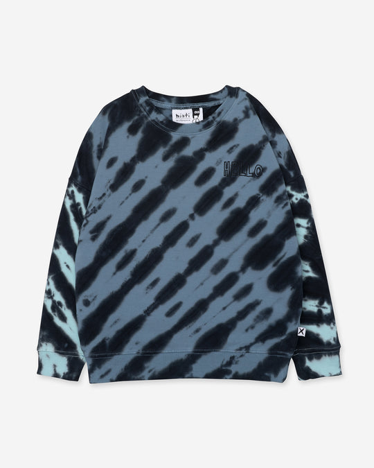 Duo Tie Dye Crew in blue and aqua, boys sweatshirt by Minti, flat lay