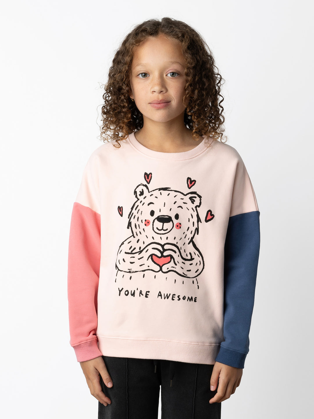 Minti kids clothing. Super cosy oversized fit crew with drop shoulder detail. 2x2 Rib at the neck, hem and cuffs. 330 Gram // Brushed Inside // 95% Cotton // 5% Elastane.