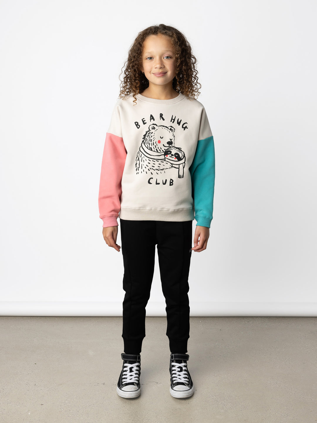 Minti kids clothing. Super cosy oversized fit crew with drop shoulder detail. 2x2 Rib at the neck, hem and cuffs. 330 Gram // Brushed Inside // 95% Cotton // 5% Elastane.