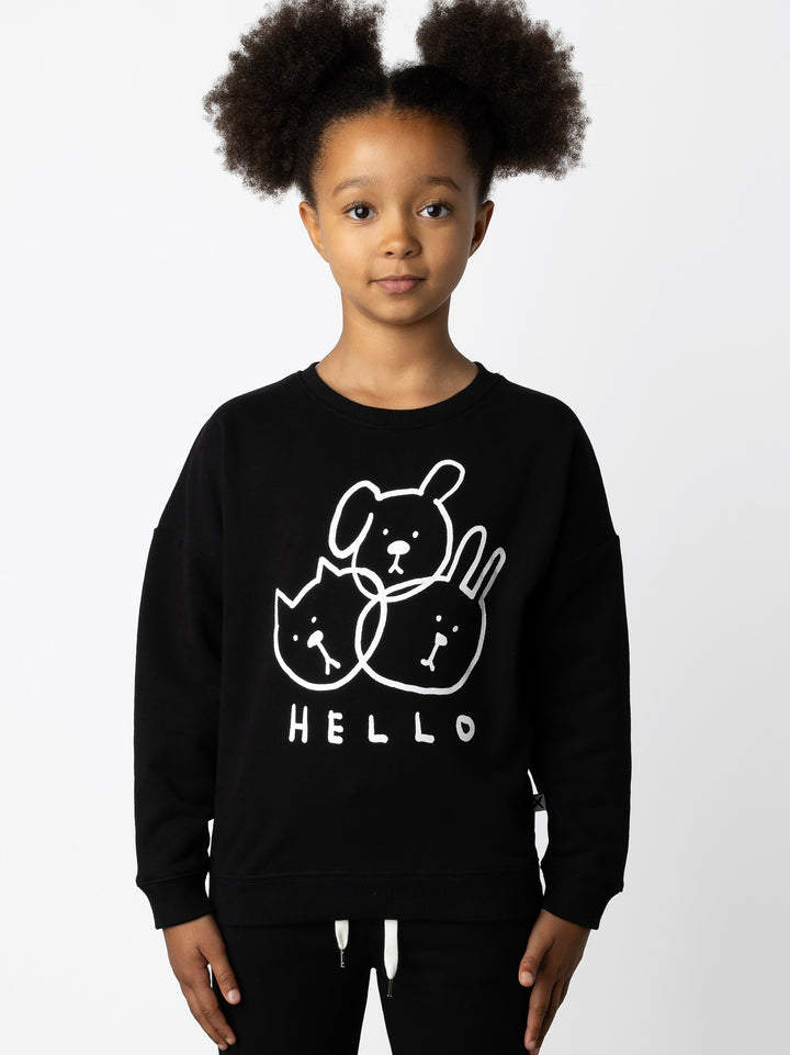 Minti kids clothing. Super cosy oversized universal fit crew with drop shoulder detail. 2x2 Rib at the neck, hem and cuffs. 330 Gram // Brushed Inside // 95% Cotton // 5% Elastane.