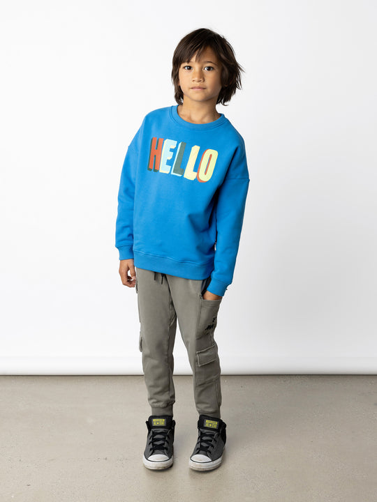 Minti kids clothing. Super cosy oversized fit crew with drop shoulder detail. 2x2 Rib at the neck, hem and cuffs. 330 Gram // Brushed Inside // 95% Cotton // 5% Elastane.
