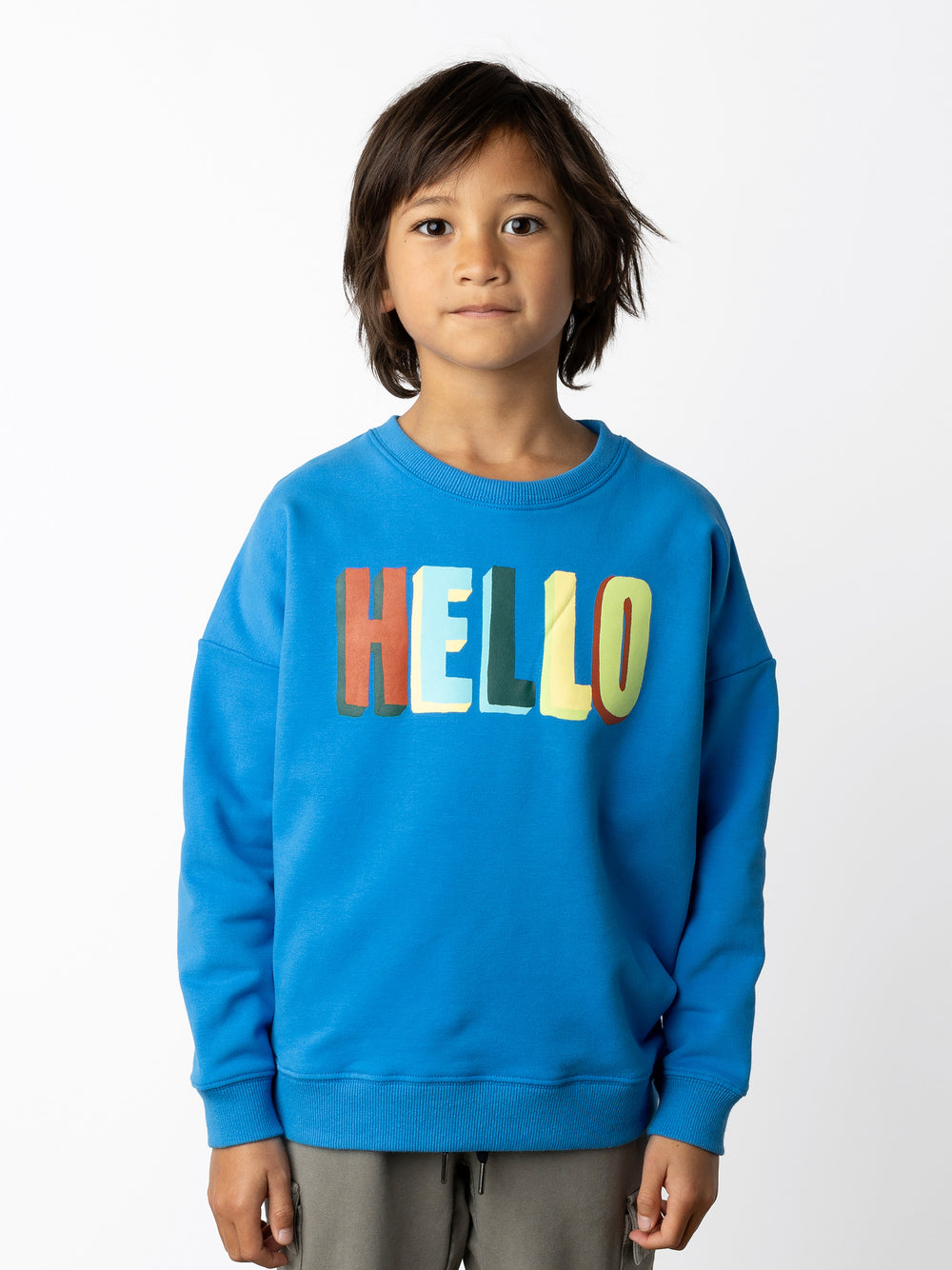 Minti kids clothing. Super cosy oversized fit crew with drop shoulder detail. 2x2 Rib at the neck, hem and cuffs. 330 Gram // Brushed Inside // 95% Cotton // 5% Elastane.