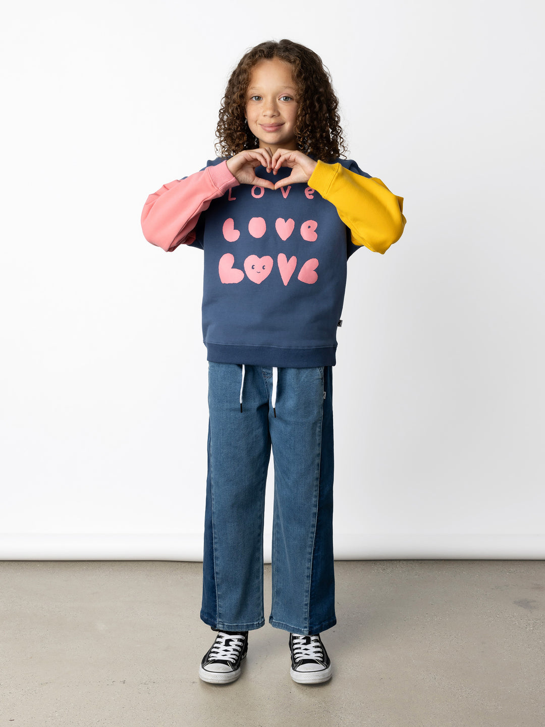Minti kids clothing. Super cosy oversized fit crew with drop shoulder detail. 2x2 Rib at the neck, hem and cuffs. 330 Gram // Brushed Inside // 95% Cotton // 5% Elastane.