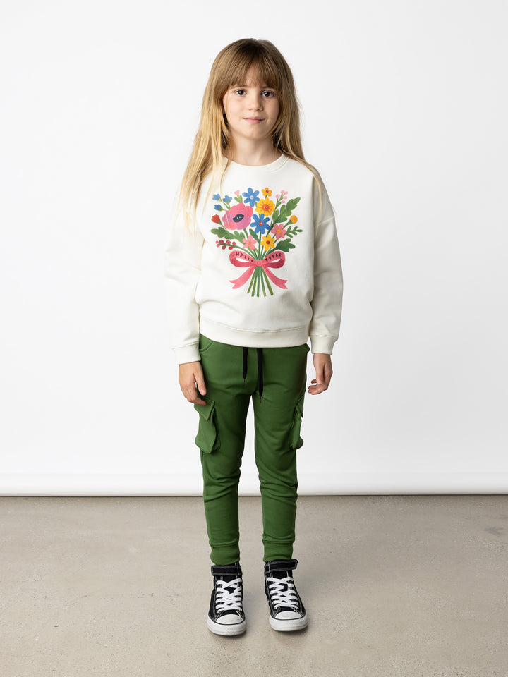 Minti kids clothing. Super cosy oversized fit crew with drop shoulder detail. 2x2 Rib at the neck, hem and cuffs. 330 Gram // Brushed Inside // 95% Cotton // 5% Elastane.