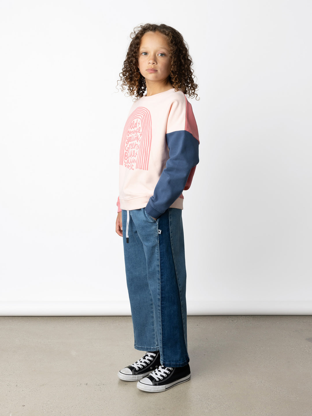 Minti kids clothing. Super cosy oversized fit crew with drop shoulder detail. 2x2 Rib at the neck, hem and cuffs. 330 Gram // Brushed Inside // 95% Cotton // 5% Elastane.