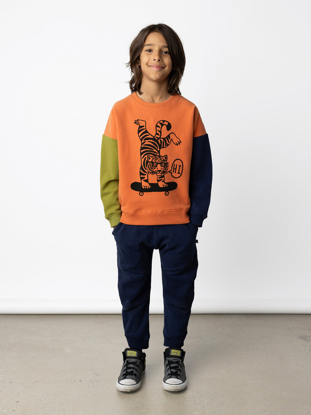 Minti kids clothing. Super cosy oversized fit crew with drop shoulder detail. 2x2 Rib at the neck, hem and cuffs. 330 Gram // Brushed Inside // 95% Cotton // 5% Elastane.