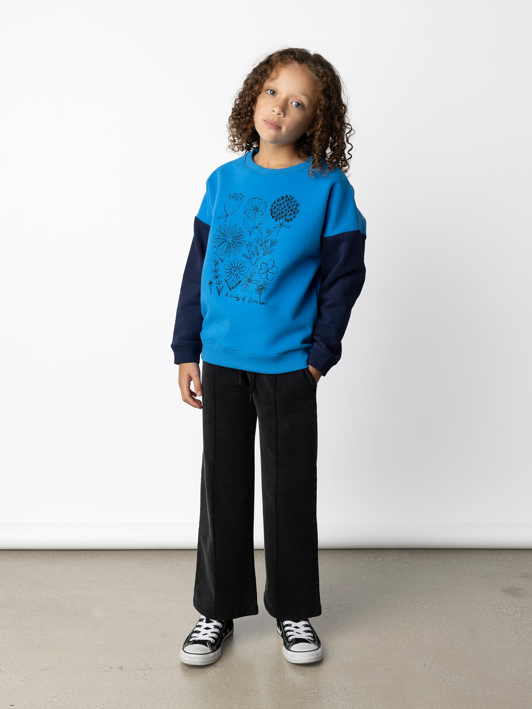 Minti kids clothing. Super cosy oversized fit crew with drop shoulder detail. 2x2 Rib at the neck, hem and cuffs. 330 Gram // Brushed Inside // 95% Cotton // 5% Elastane.