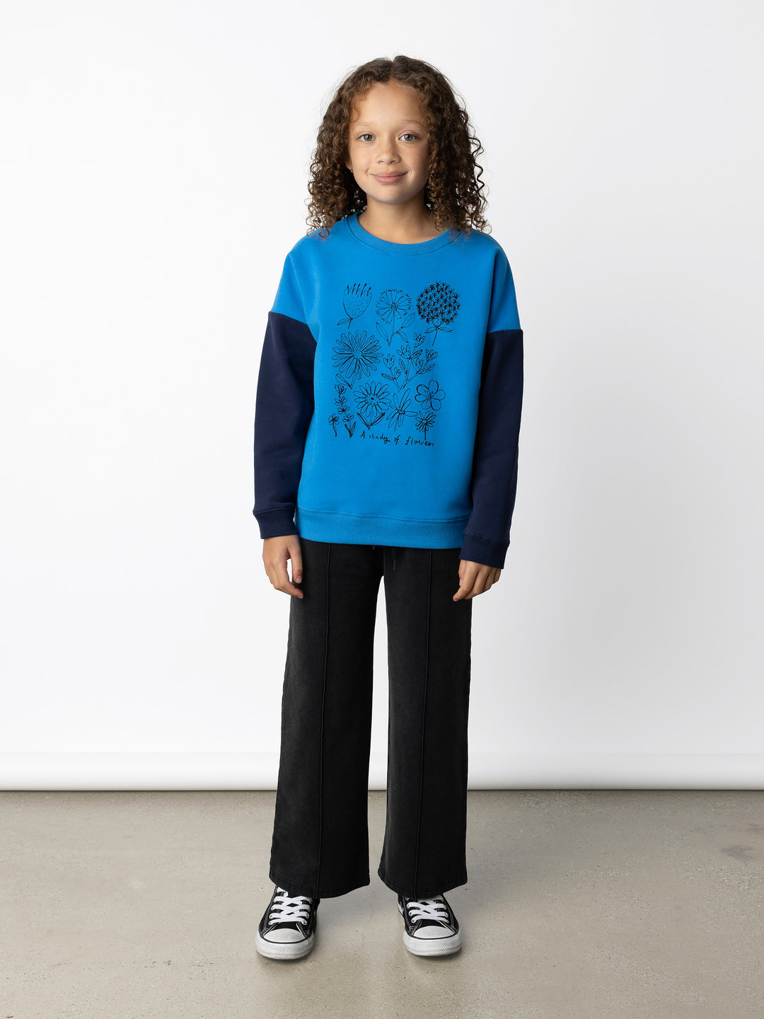 Minti kids clothing. Super cosy oversized fit crew with drop shoulder detail. 2x2 Rib at the neck, hem and cuffs. 330 Gram // Brushed Inside // 95% Cotton // 5% Elastane.