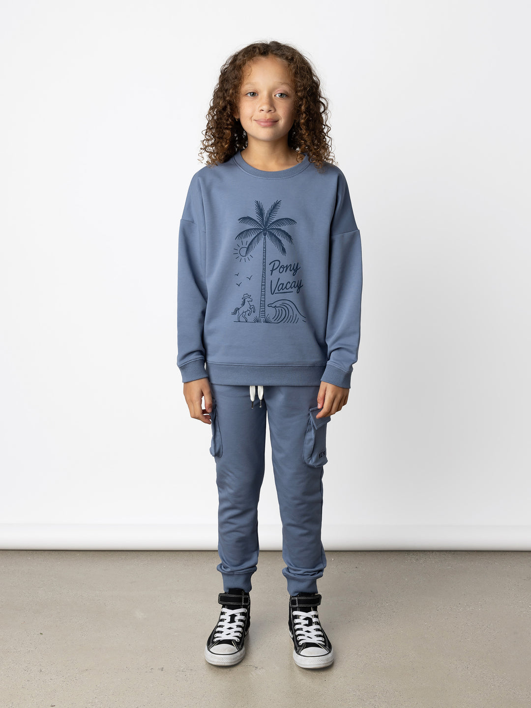 Minti kids clothing. Super cosy oversized fit crew with drop shoulder detail. 2x2 Rib at the neck, hem and cuffs. 320 Gram // 95% Cotton // 5% Elastane.