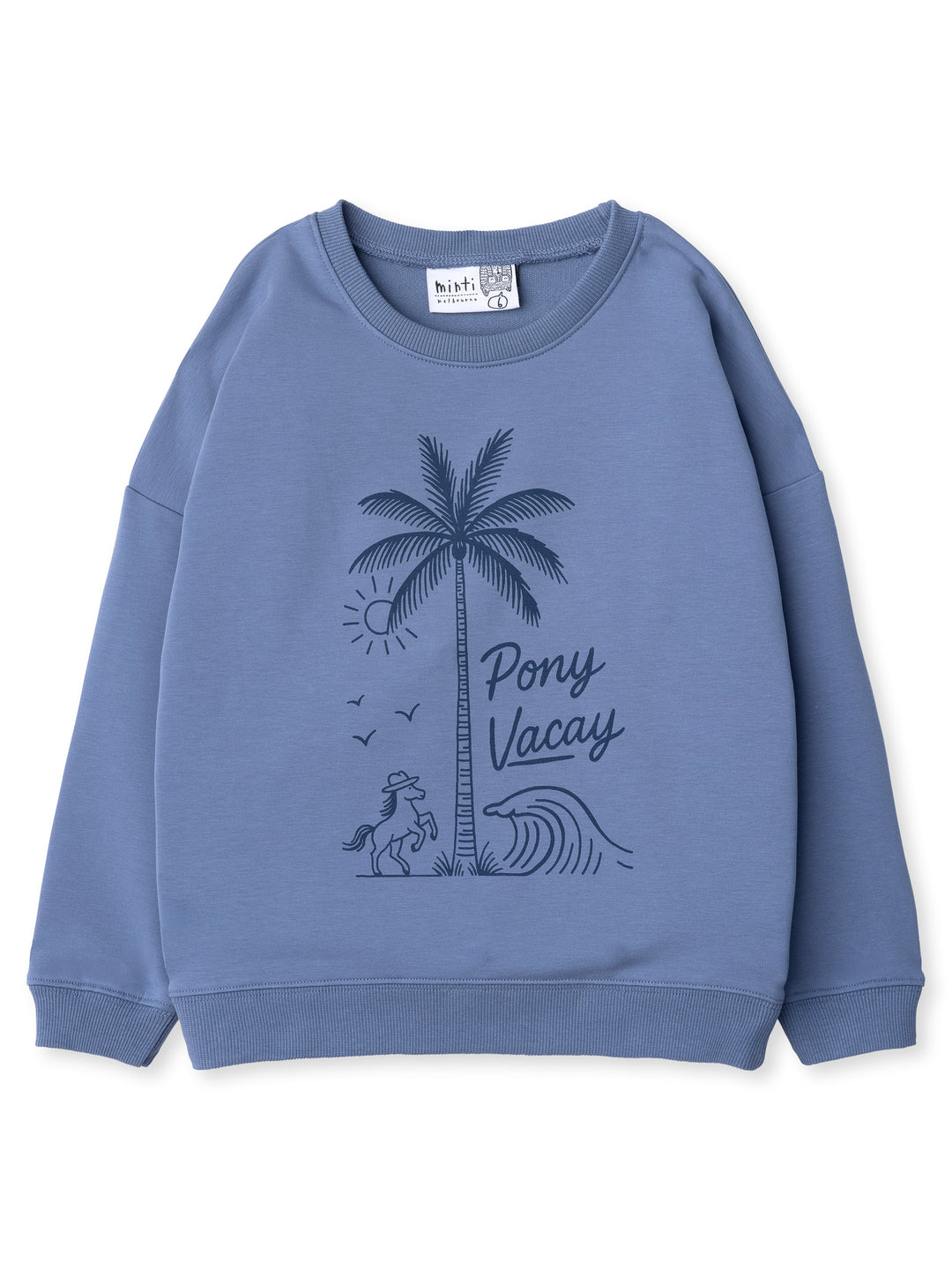 Minti kids clothing. Super cosy oversized fit crew with drop shoulder detail. 2x2 Rib at the neck, hem and cuffs. 320 Gram // 95% Cotton // 5% Elastane.