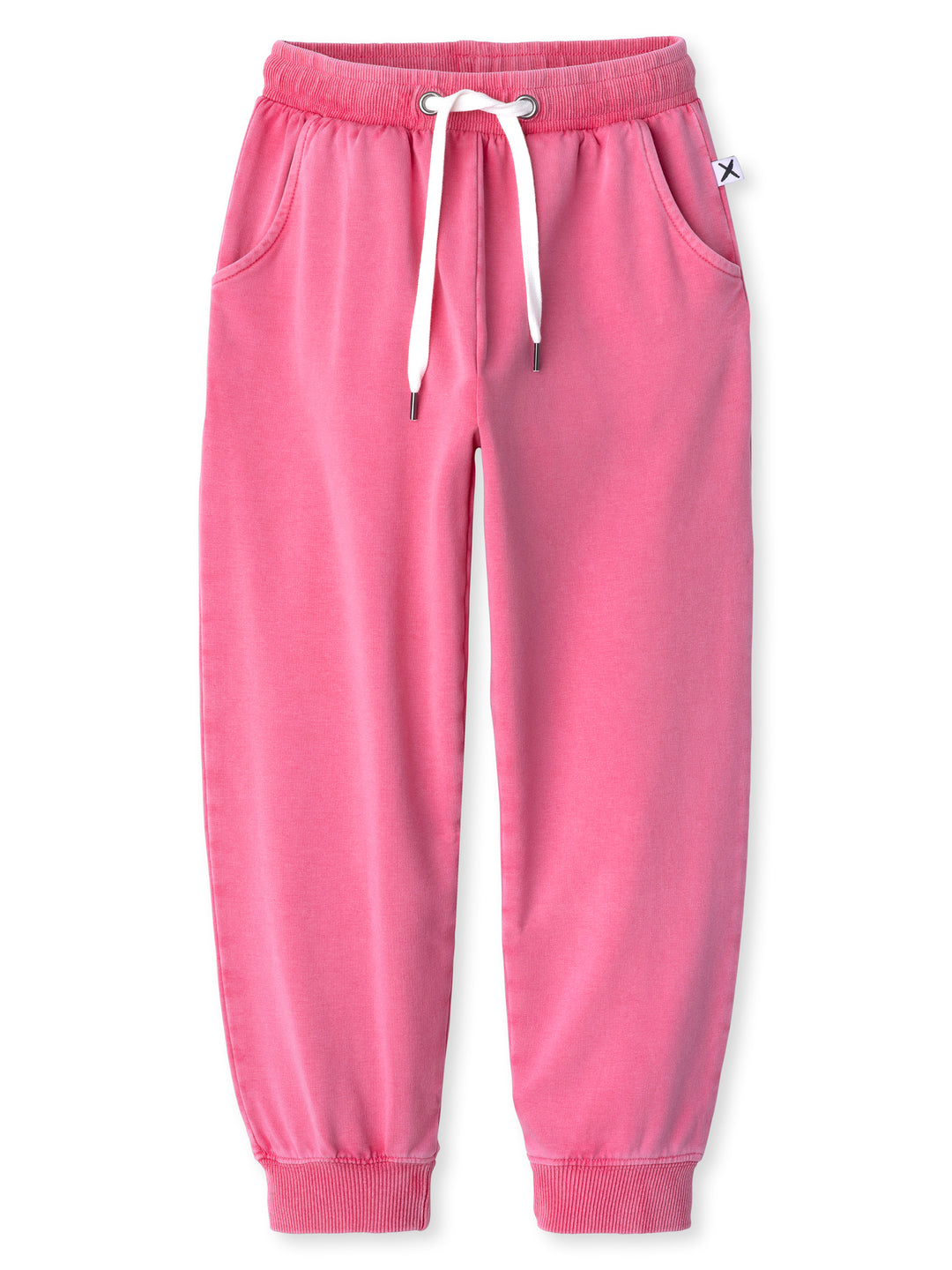 Minti kids clothing. Relaxed universal fit trackies with cosy side pockets, elasticated waistband, shoelace cord and 2x2 Rib cuffs. Small Minti embroidery on the back. 260 Gram // 95% Cotton // 5% Elastane.