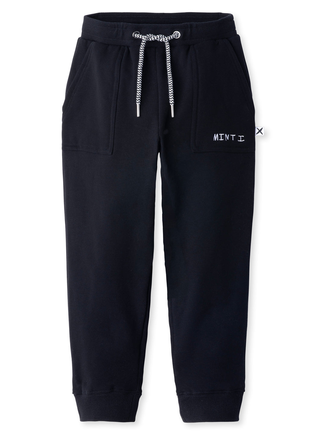 Minti kids clothing. Loose leg trackies with elasticated waistband, shoelace ties, 2x2 rib cuffs and super cool boxy pockets. 330 Gram // Brushed Inside // 95% Cotton // 5% Elastane.