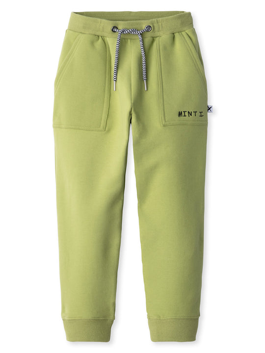Minti kids clothing. Loose leg trackies with elasticated waistband, shoelace ties, 2x2 rib cuffs and super cool boxy pockets. 330 Gram // Brushed Inside // 95% Cotton // 5% Elastane.