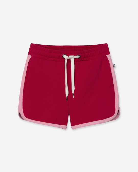 Sprint Short in crimson and pink, girls shorts by Minti, flat lay
