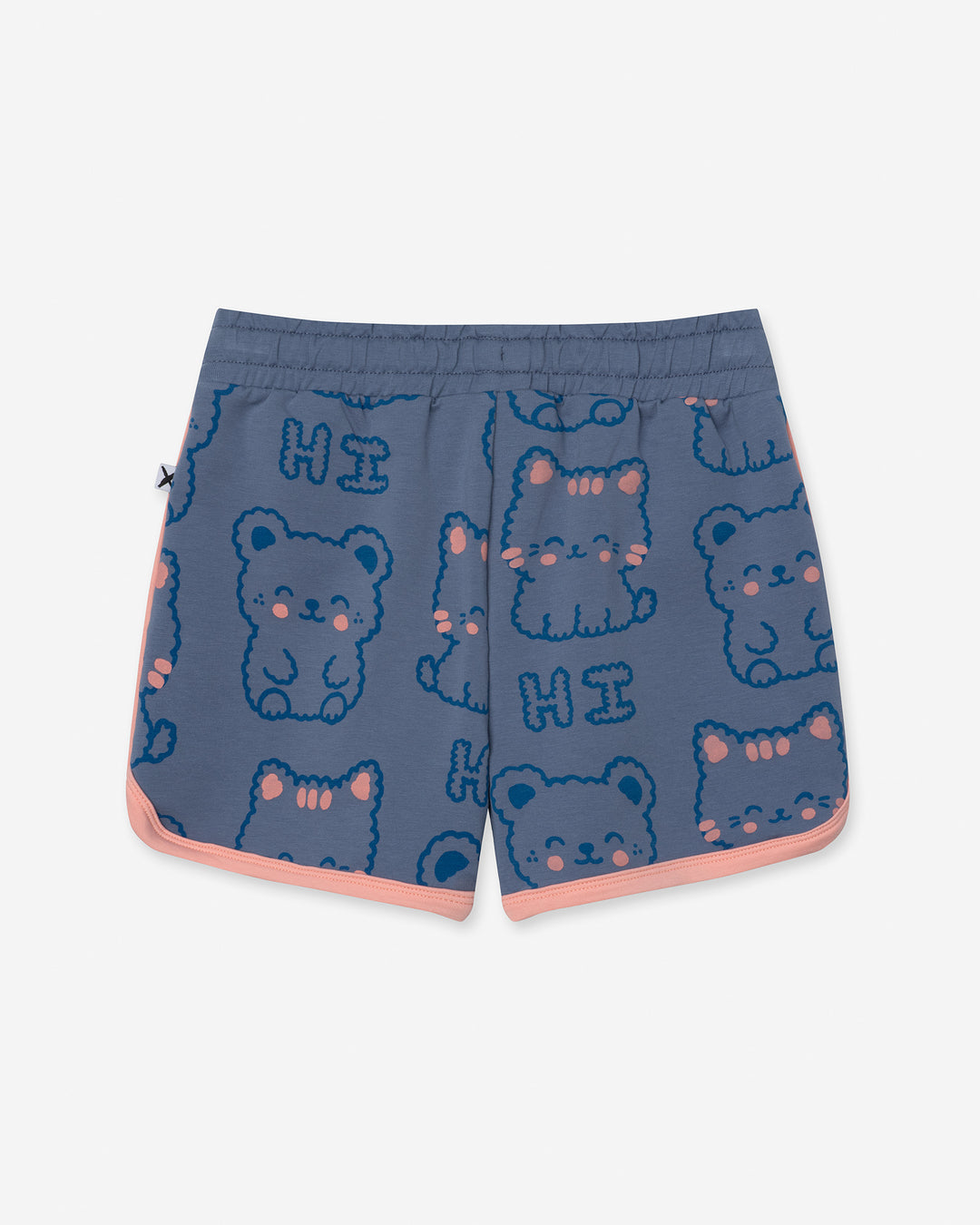 Hi Cat Bear Short in cornflower and pink, girls shorts by Minti, flat lay