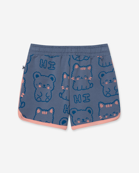Hi Cat Bear Short in cornflower and pink, girls shorts by Minti, flat lay