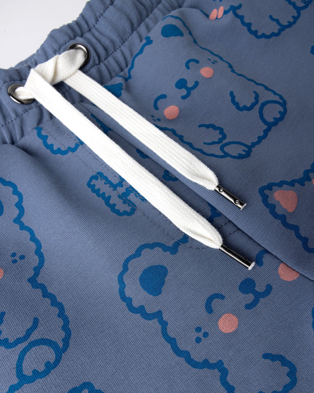 Close up detail of the Hi Cat Bear Short in cornflower and pink