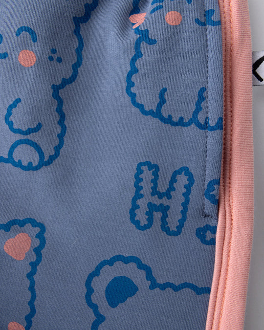 Close up detail of the Hi Cat Bear Short in cornflower and pink
