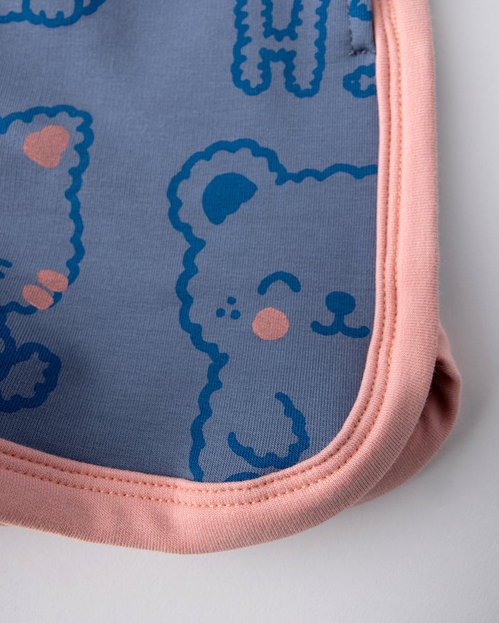 Close up detail of the Hi Cat Bear Short in cornflower and pink
