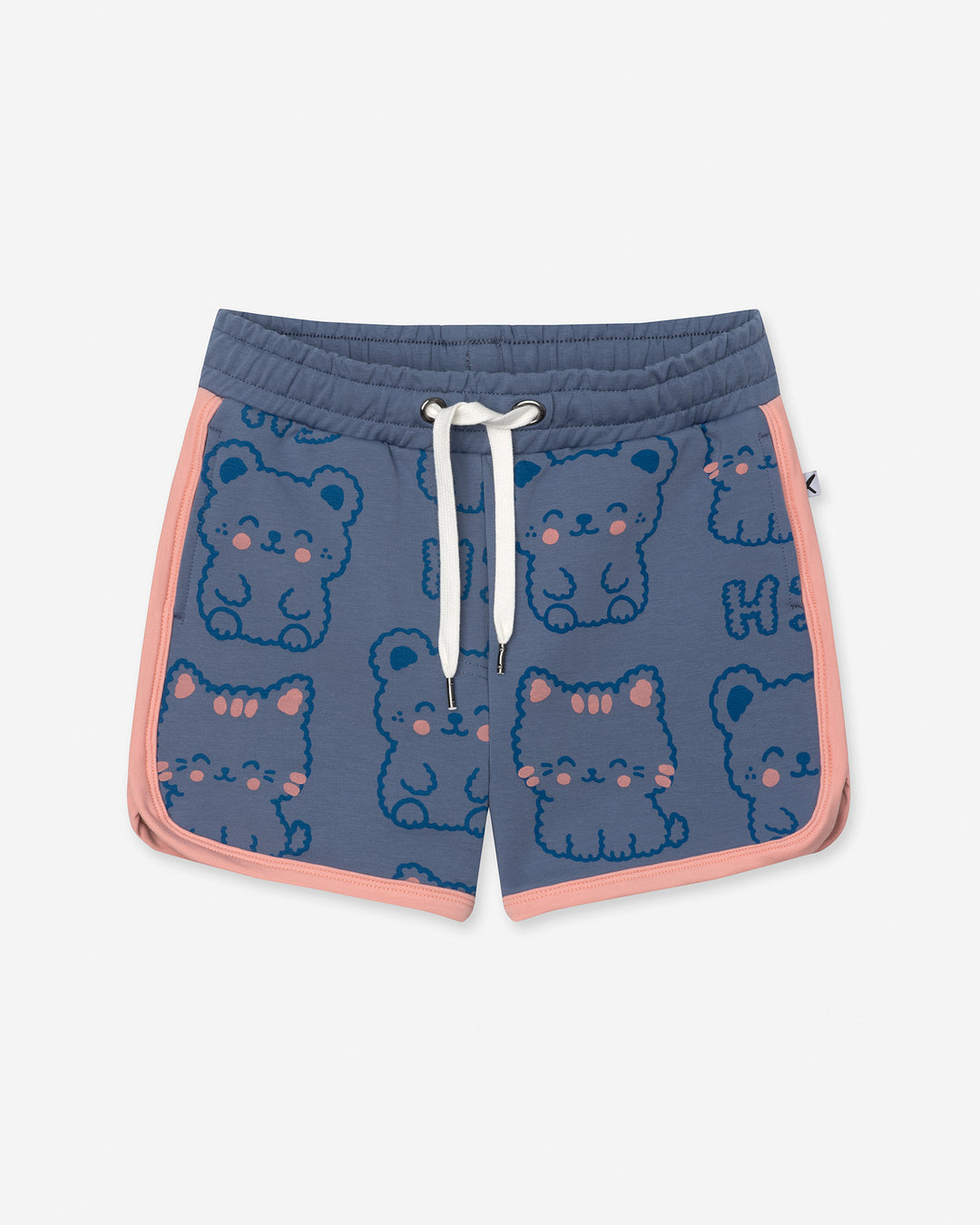 Hi Cat Bear Short in cornflower and pink, girls shorts by Minti, flat lay