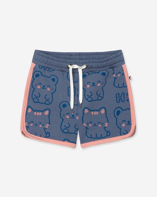 Hi Cat Bear Short in cornflower and pink, girls shorts by Minti, flat lay