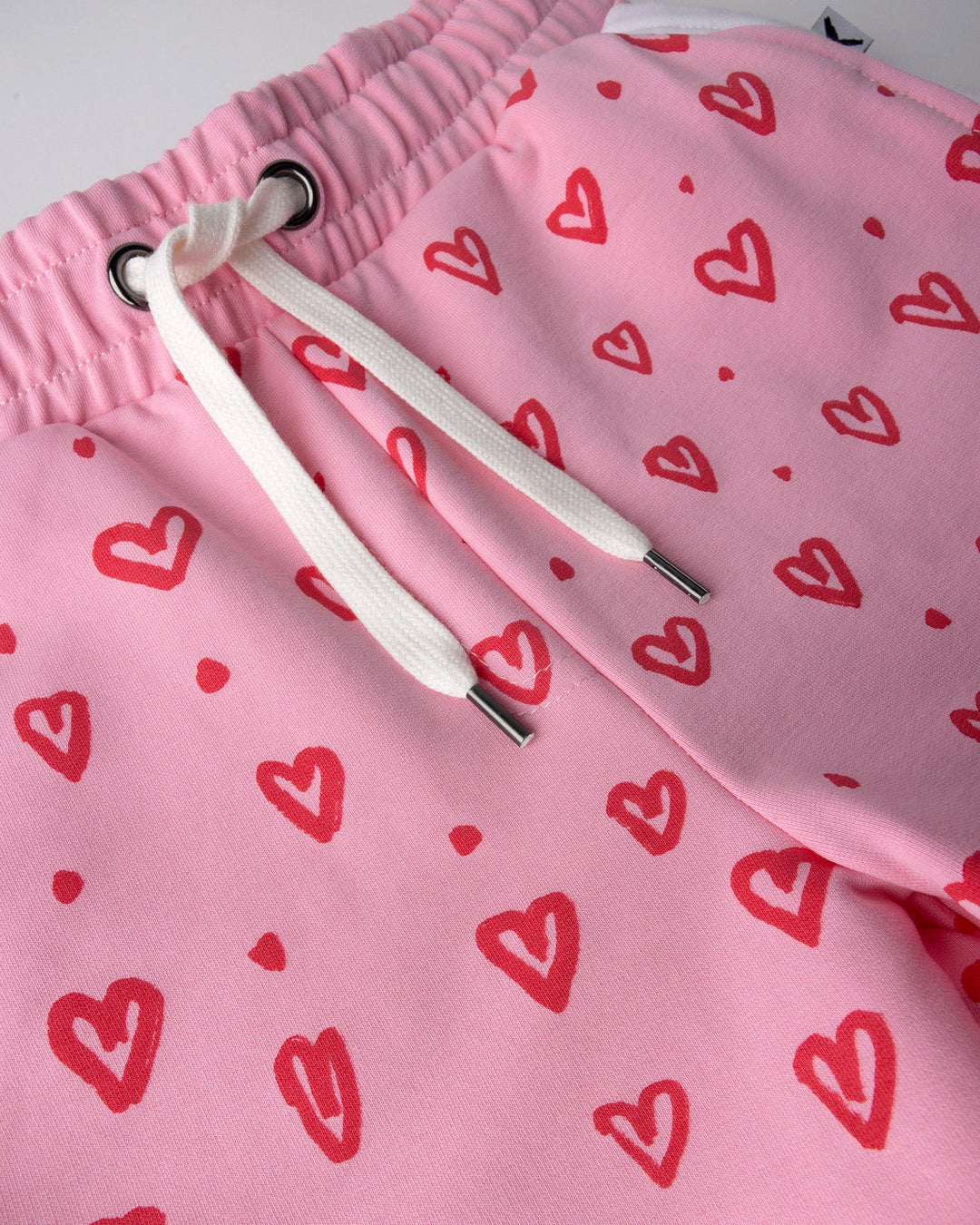 Close up of the Hearts Short print in pink and white