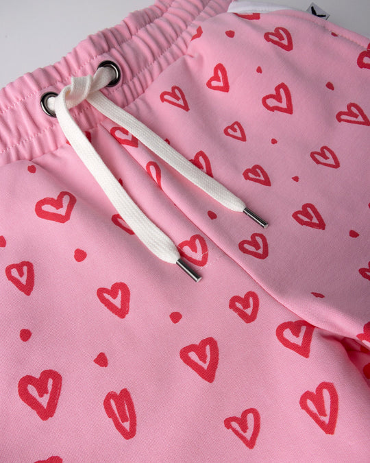 Close up of the Hearts Short print in pink and white