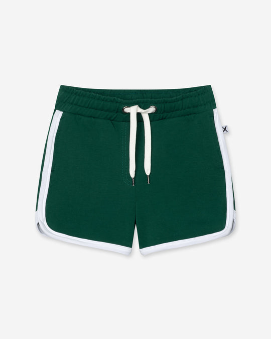 Sprint Short in kelly green and white, girls shorts by Minti, flat lay