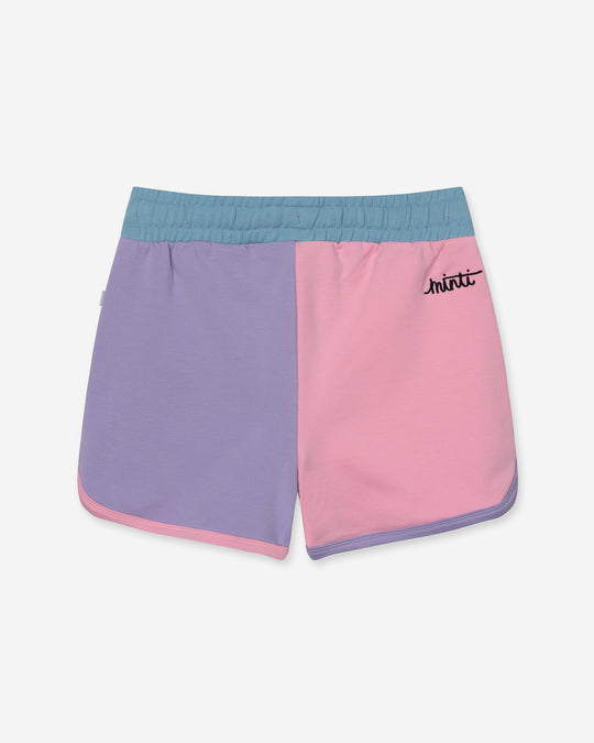 Sprint Short in pink, purple and aqua, girls shorts by Minti, flat lay