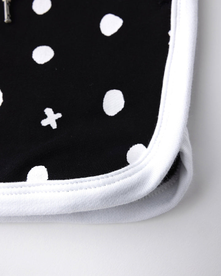 Close up of the Spotty Short print in black and white