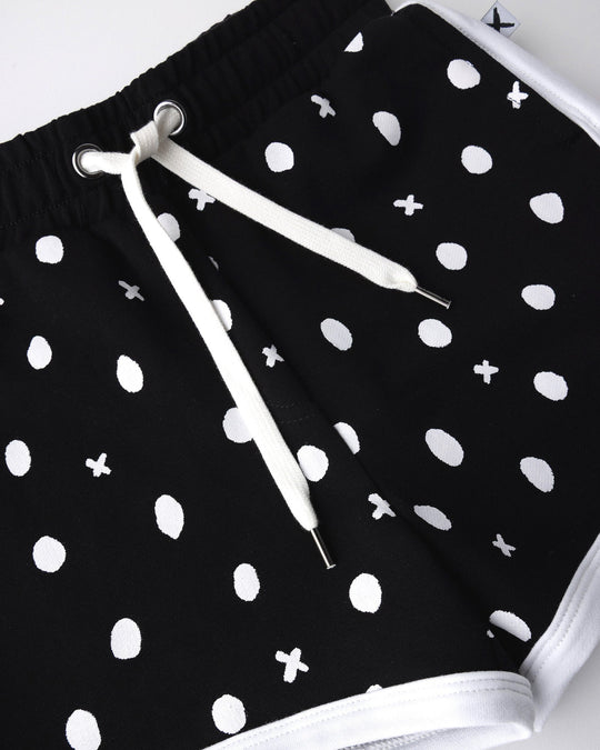 Close up of the Spotty Short print in black and white
