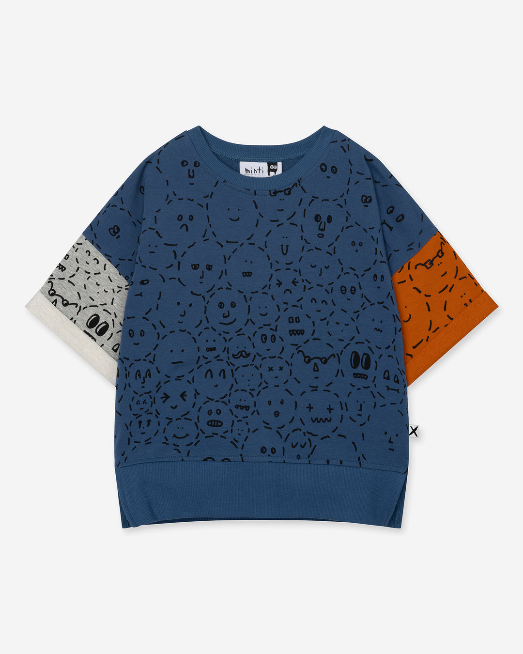 Different Faces Short Sleeve Crew in navy, grey marle and orange, boys sweatshirt by Minti, flat lay