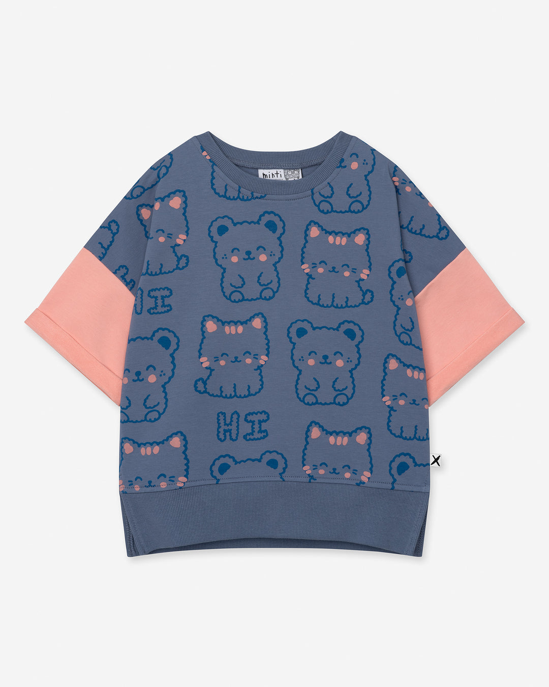 Hi Cat Bear Short Sleeve Crew in cornflower and pink, girls sweatshirt by Minti, flat lay
