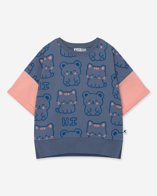 Hi Cat Bear Short Sleeve Crew in cornflower and pink, girls sweatshirt by Minti, flat lay