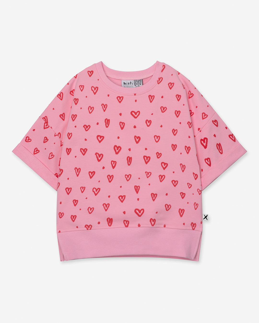 Hearts Short Sleeve Crew in pink, girls sweatshirt by Minti, flat lay