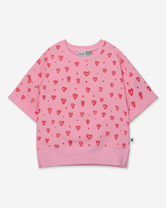 Hearts Short Sleeve Crew in pink, girls sweatshirt by Minti, flat lay