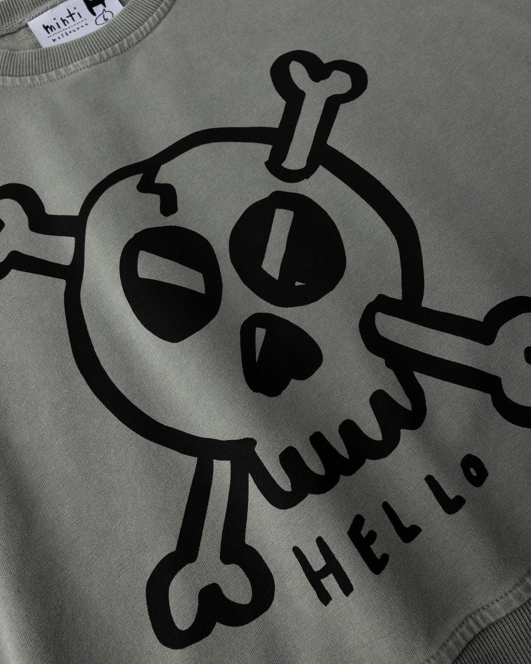 Close up of the Hello Skull Short Sleeve Crew print in grey wash