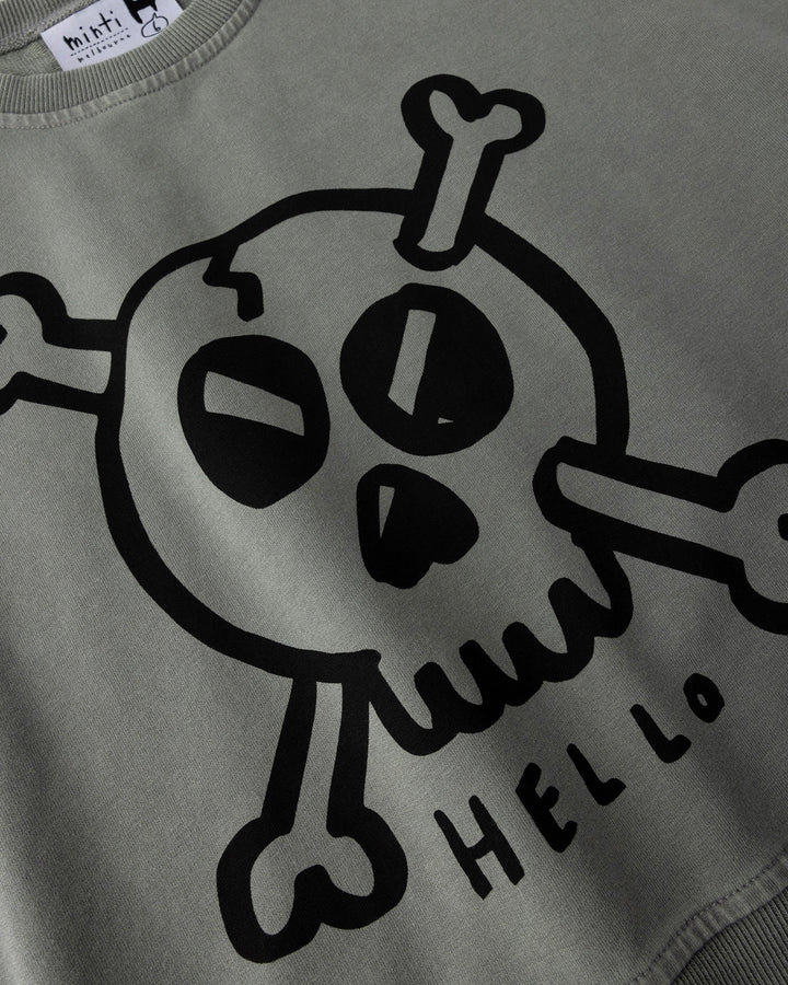 Close up of the Hello Skull Short Sleeve Crew print in grey wash