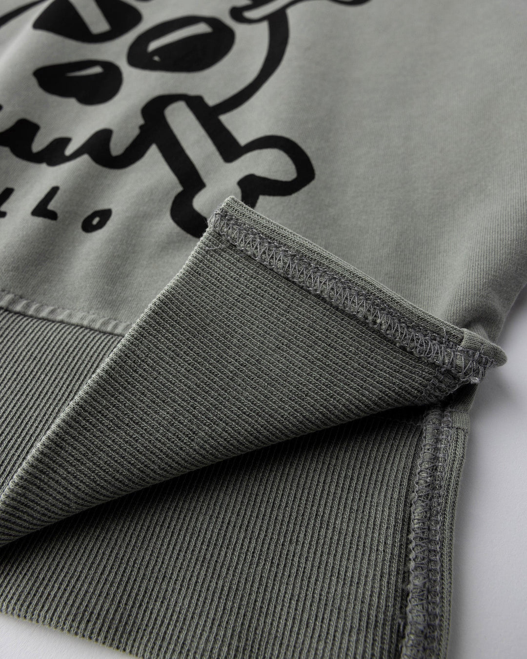 Close up detail of the Hello Skull Short Sleeve Crew in grey wash