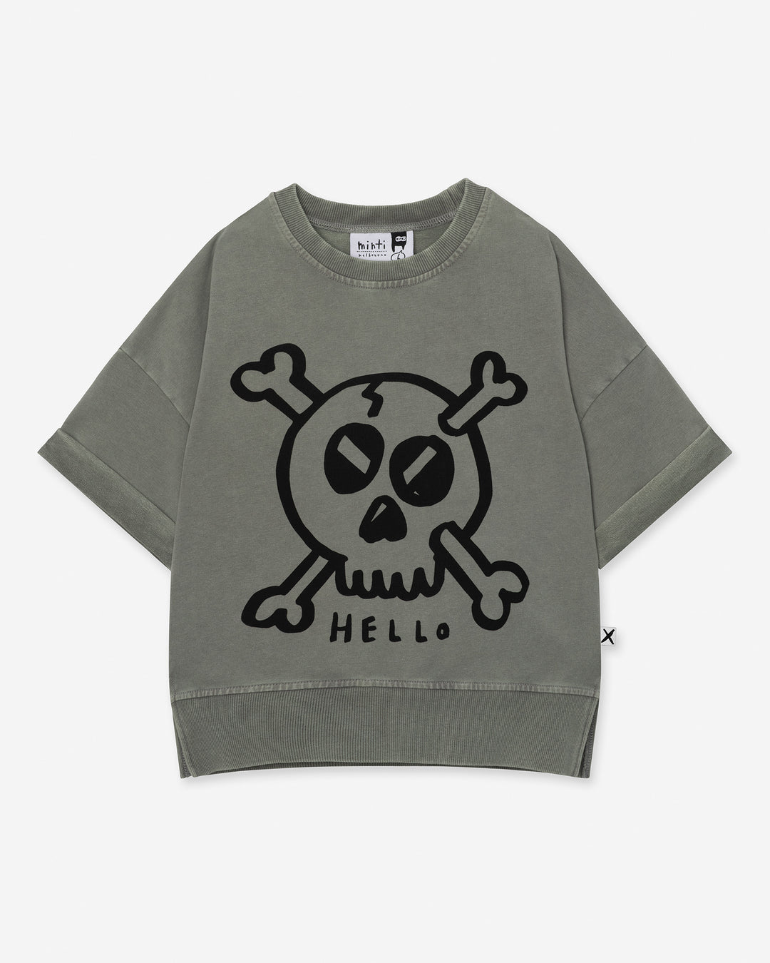 Hello Skull Short Sleeve Crew in grey wash, boys sweatshirt by Minti, flat lay
