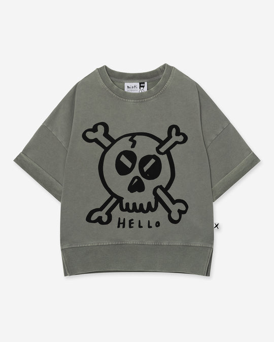 Hello Skull Short Sleeve Crew in grey wash, boys sweatshirt by Minti, flat lay