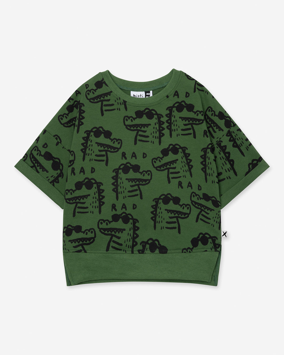Rad Croc Short Sleeve Crew in green, boys sweatshirt by Minti, flat lay