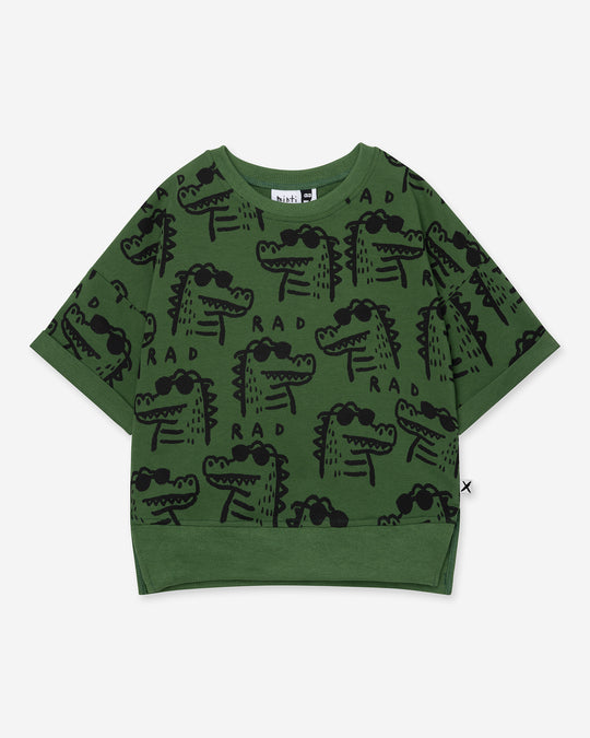 Rad Croc Short Sleeve Crew in green, boys sweatshirt by Minti, flat lay