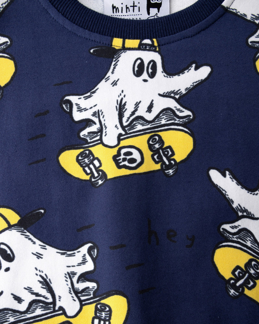 Close up of the Skate Ghost Short Sleeve Crew print in dark blue
