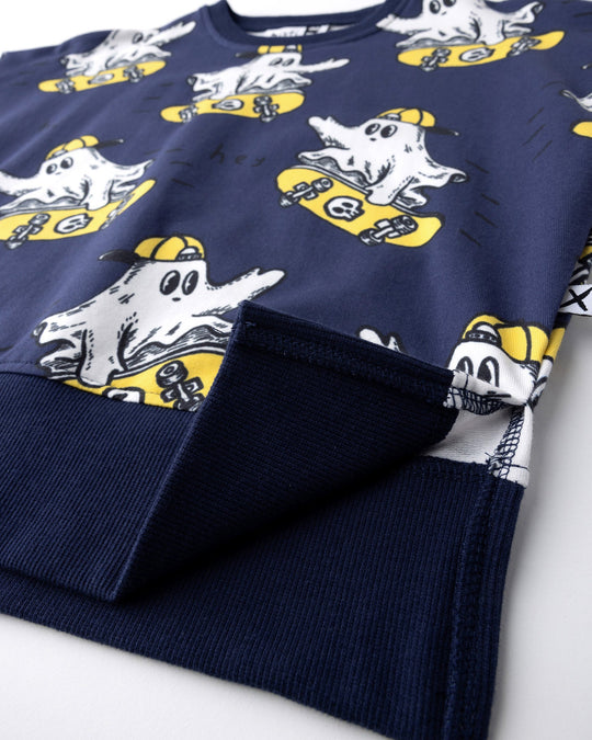 Close up detail of the Skate Ghost Short Sleeve Crew in dark blue