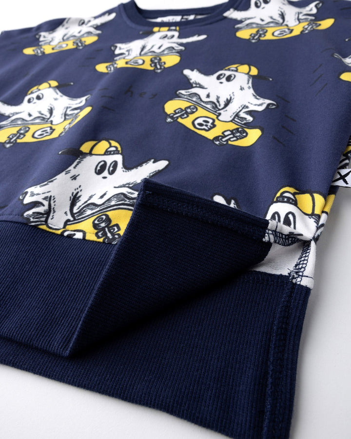 Close up detail of the Skate Ghost Short Sleeve Crew in dark blue