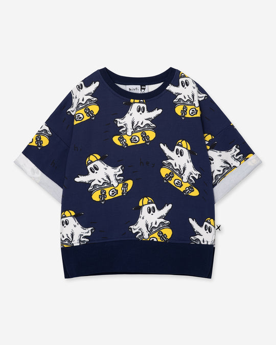 Skate Ghost Short Sleeve Crew in dark blue, boys sweatshirt by Minti, flat lay