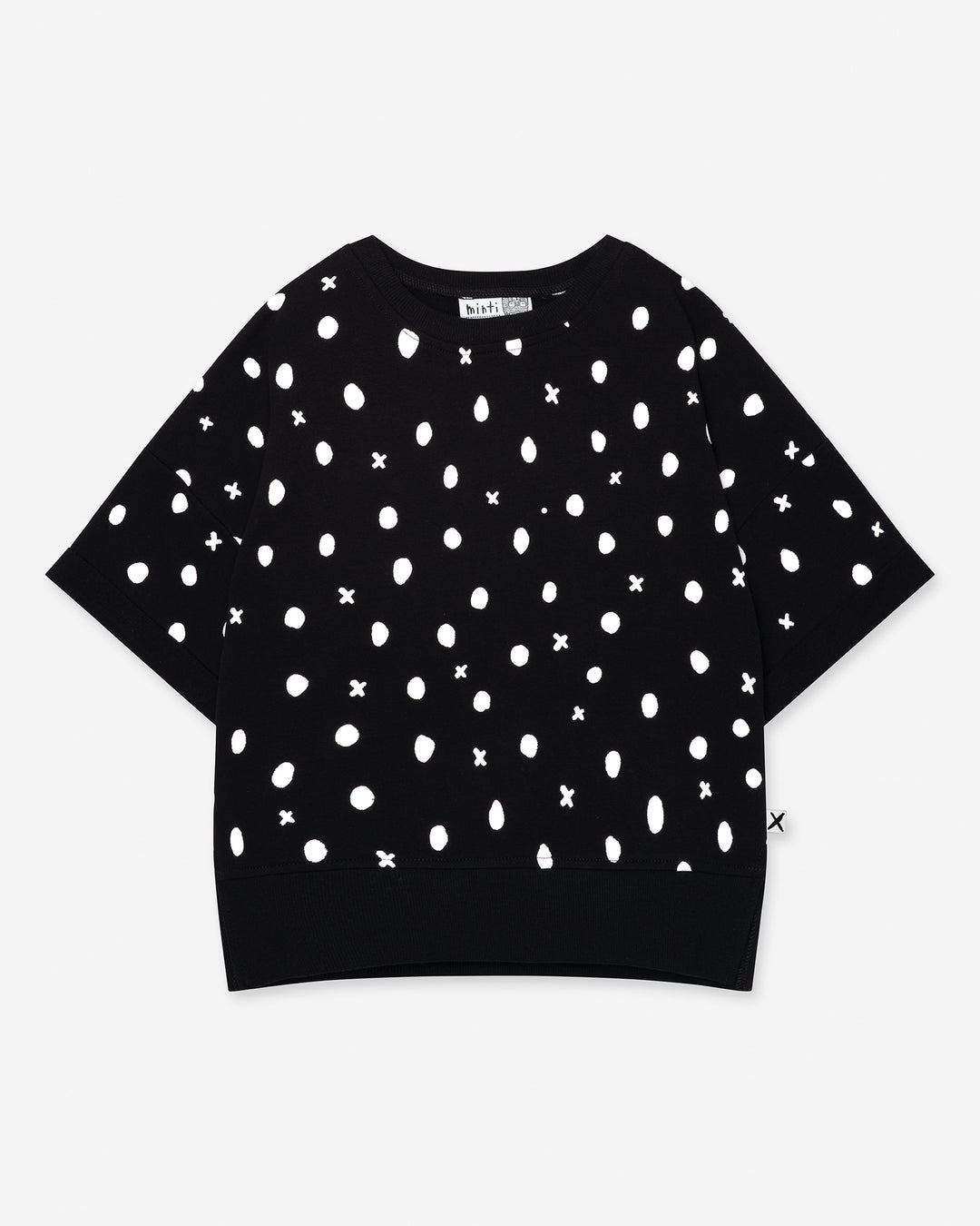 Spotty Short Sleeve Crew in black, girls sweatshirt by Minti, flat lay