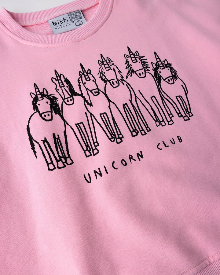 Close up of the Unicorn Club Short Sleeve Crew print in pink, purple and aqua